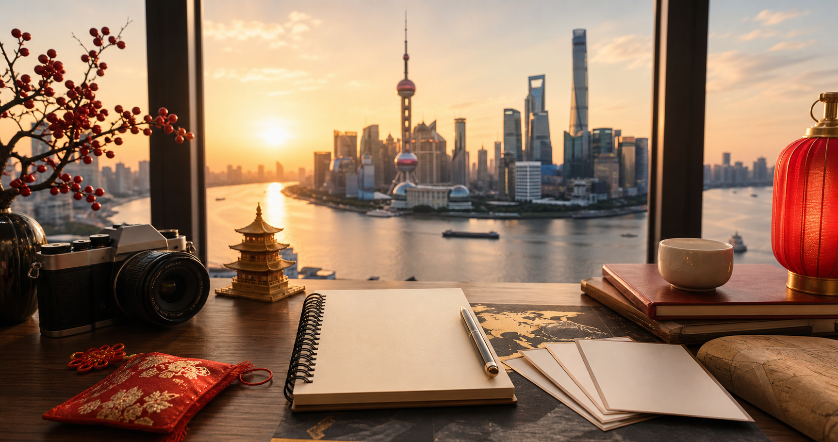 Travel planning materials overlooking Shanghai at sunrise